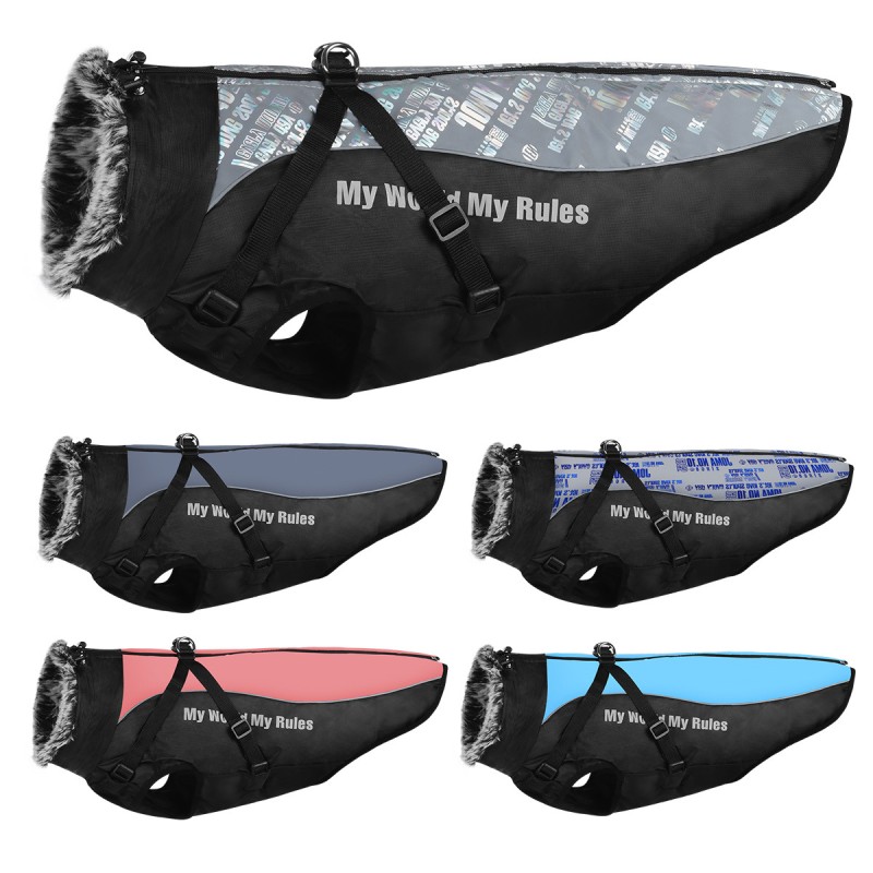 Warm and reflectIve woolen collar cotton-padded jacket for large dogs