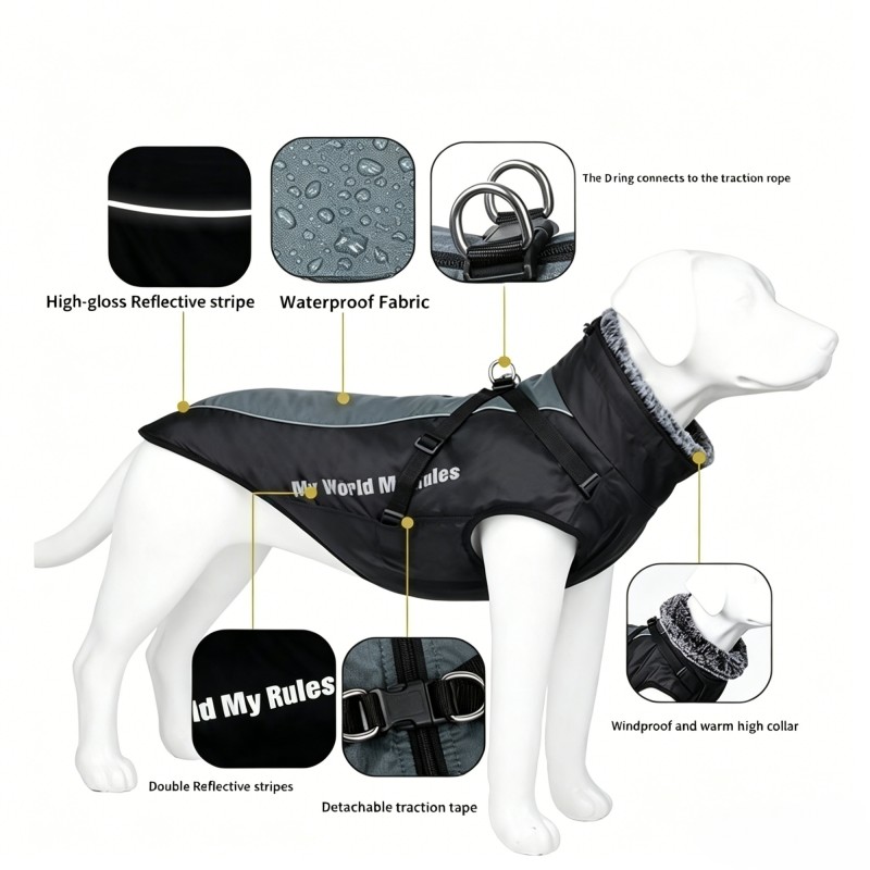 Warm and reflectIve woolen collar cotton-padded jacket for large dogs